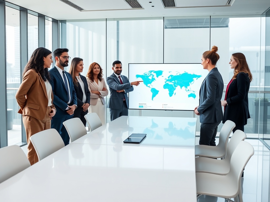 Diverse team of consular professionals in a modern glass boardroom, standing around a sleek white table, one person pointing at a large interactive screen showing a world map, natural light from floor-to-ceiling windows, clean lines, 8k commercial photography