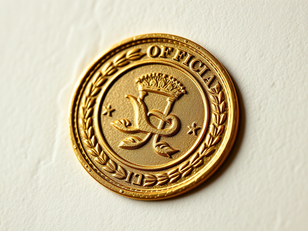 Extreme close-up of an embossed official seal on a cream paper, gold foil texture, soft lighting, very shallow depth of field, abstract pattern, 8k macro photorealistic