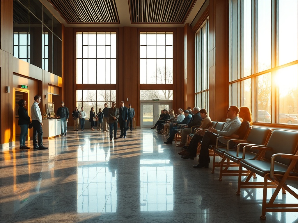 Cinematic wide shot of a consular waiting area with polished stone floors, warm wood paneling, and soft golden hour light streaming through tall windows, a diverse group of people waiting calmly, 8k photorealistic commercial photography, shallow depth of field, vibrant yet refined tones